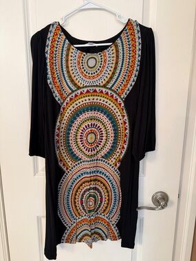 cha cha vente Black Tunic with Multicolor Mandala Circles